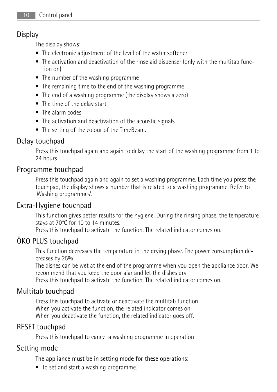 Display, Delay touchpad, Programme touchpad | Extra-hygiene touchpad, Öko plus touchpad, Multitab touchpad, Reset touchpad, Setting mode | AEG F99015VI0P User Manual | Page 10 / 28