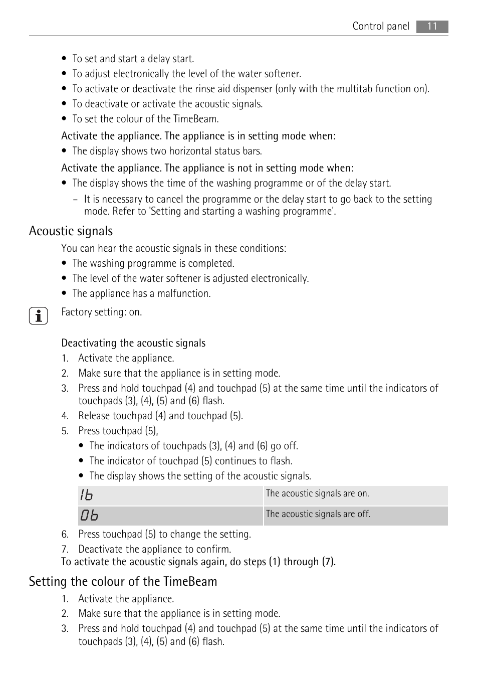 Acoustic signals, Setting the colour of the timebeam | AEG F99015VI0P User Manual | Page 11 / 28