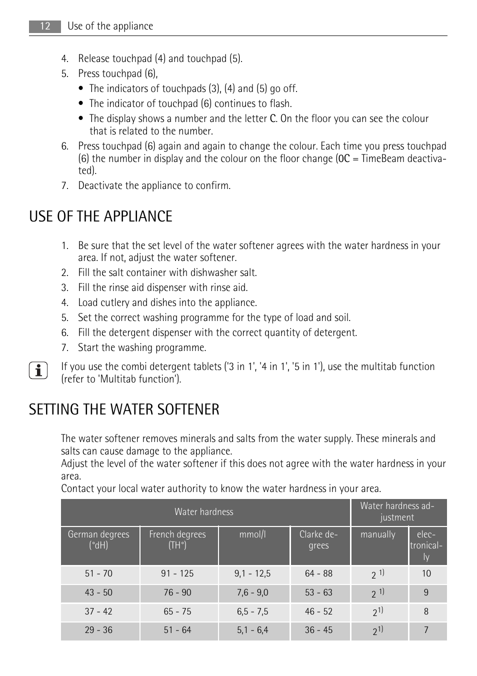 Use of the appliance, Setting the water softener | AEG F99015VI0P User Manual | Page 12 / 28