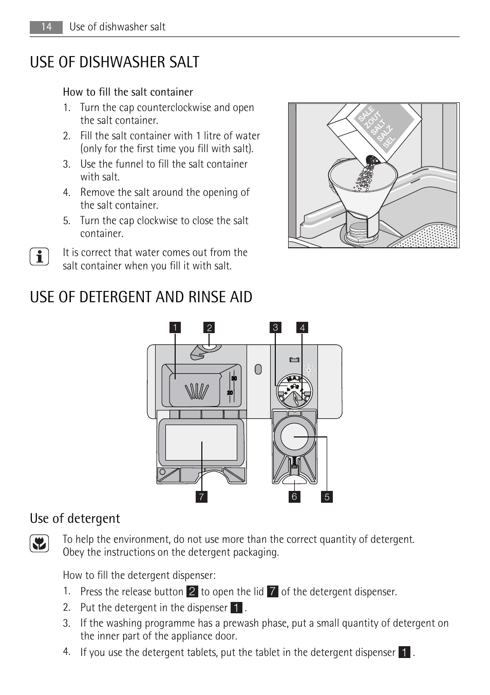 Use of dishwasher salt, Use of detergent and rinse aid, Use of detergent | AEG F99015VI0P User Manual | Page 14 / 28