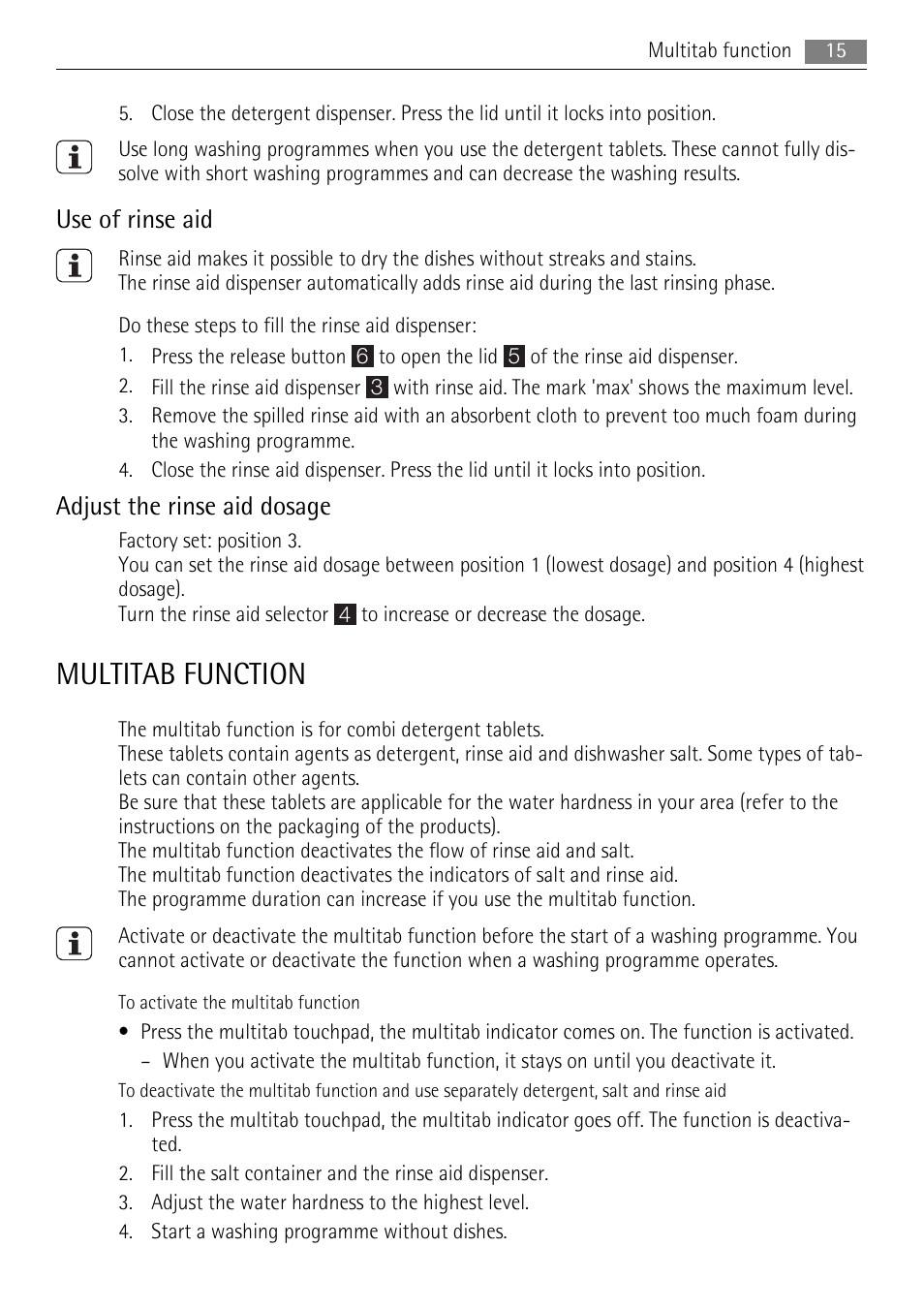 Multitab function, Use of rinse aid, Adjust the rinse aid dosage | AEG F99015VI0P User Manual | Page 15 / 28