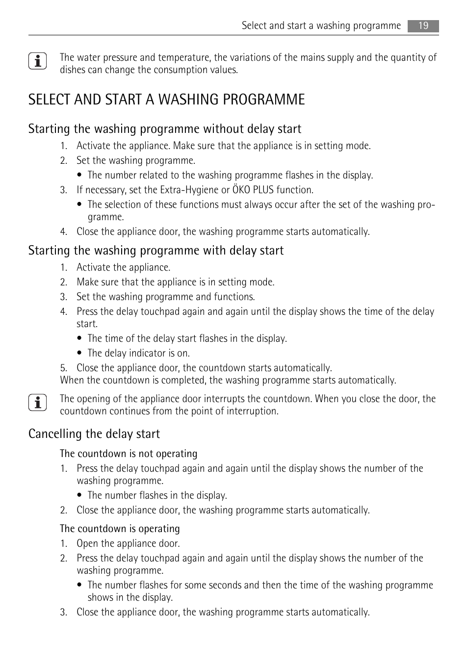 Select and start a washing programme, Starting the washing programme without delay start, Starting the washing programme with delay start | Cancelling the delay start | AEG F99015VI0P User Manual | Page 19 / 28