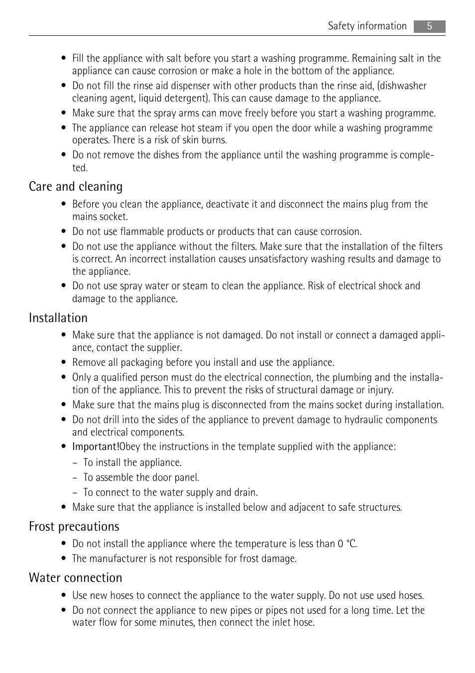 Care and cleaning, Installation, Frost precautions | Water connection | AEG F99015VI0P User Manual | Page 5 / 28