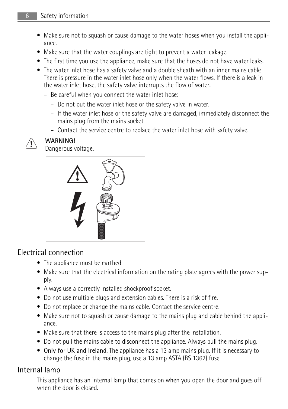 Electrical connection, Internal lamp | AEG F99015VI0P User Manual | Page 6 / 28