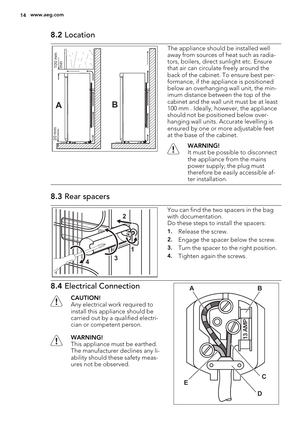 2 location, 3 rear spacers, 4 electrical connection | AEG A81000TNW0 User Manual | Page 14 / 24