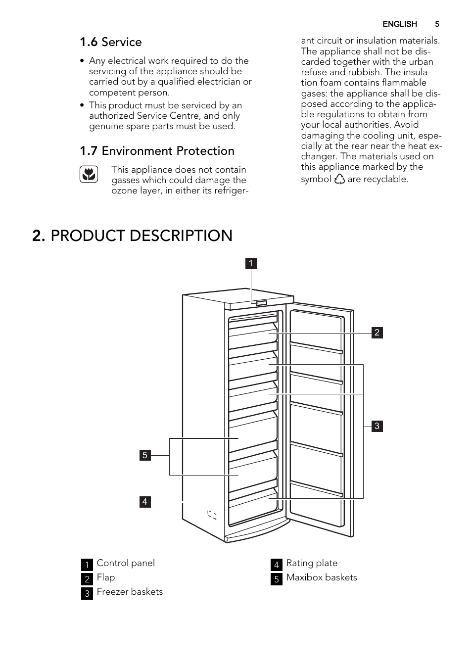 Product description, 6 service, 7 environment protection | AEG A81000TNW0 User Manual | Page 5 / 24