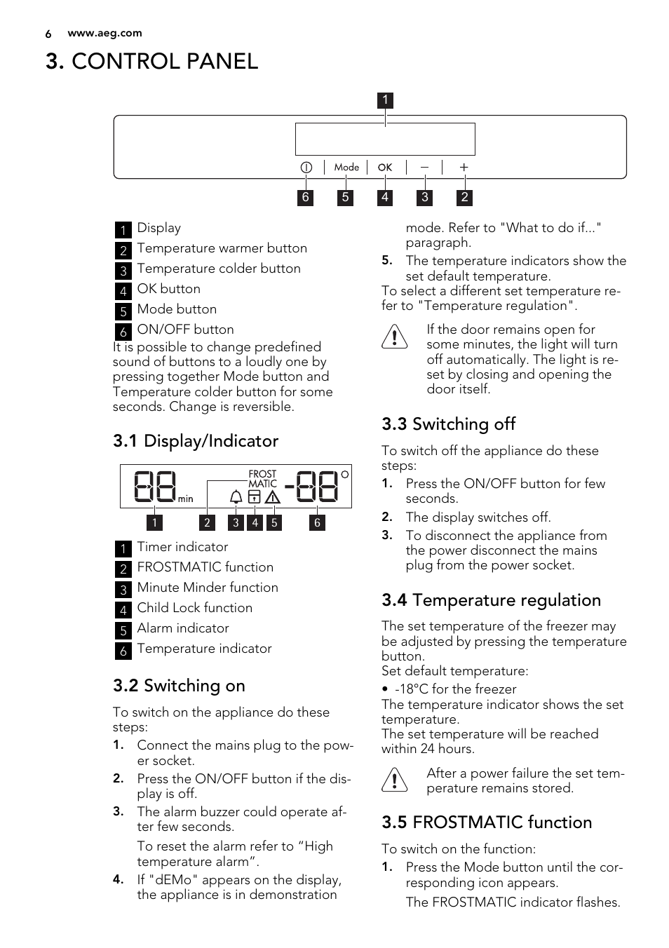 Control panel, 1 display/indicator, 2 switching on | 3 switching off, 4 temperature regulation, 5 frostmatic function | AEG A81000TNW0 User Manual | Page 6 / 24