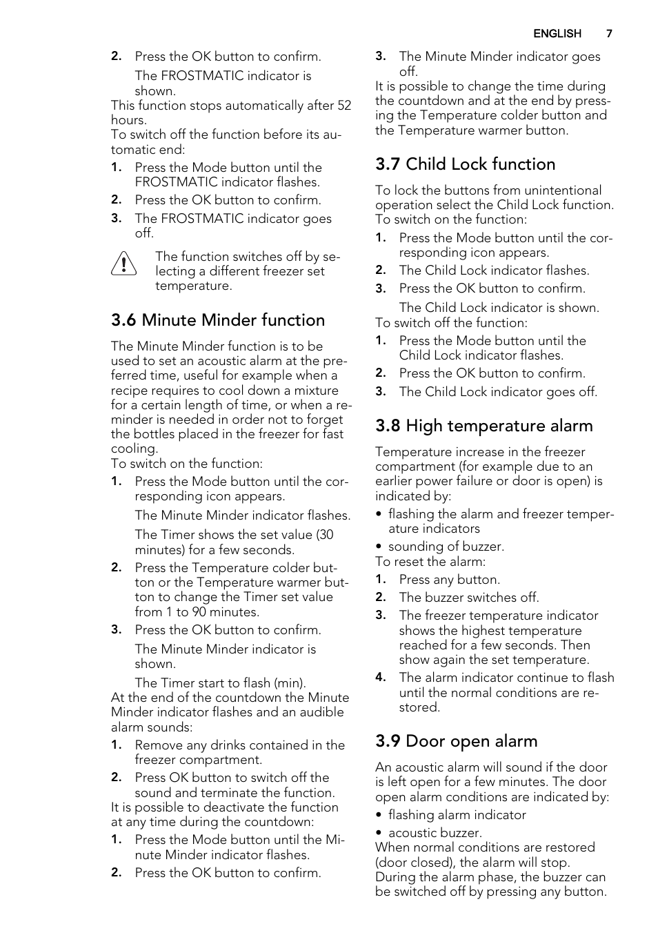 6 minute minder function, 7 child lock function, 8 high temperature alarm | 9 door open alarm | AEG A81000TNW0 User Manual | Page 7 / 24