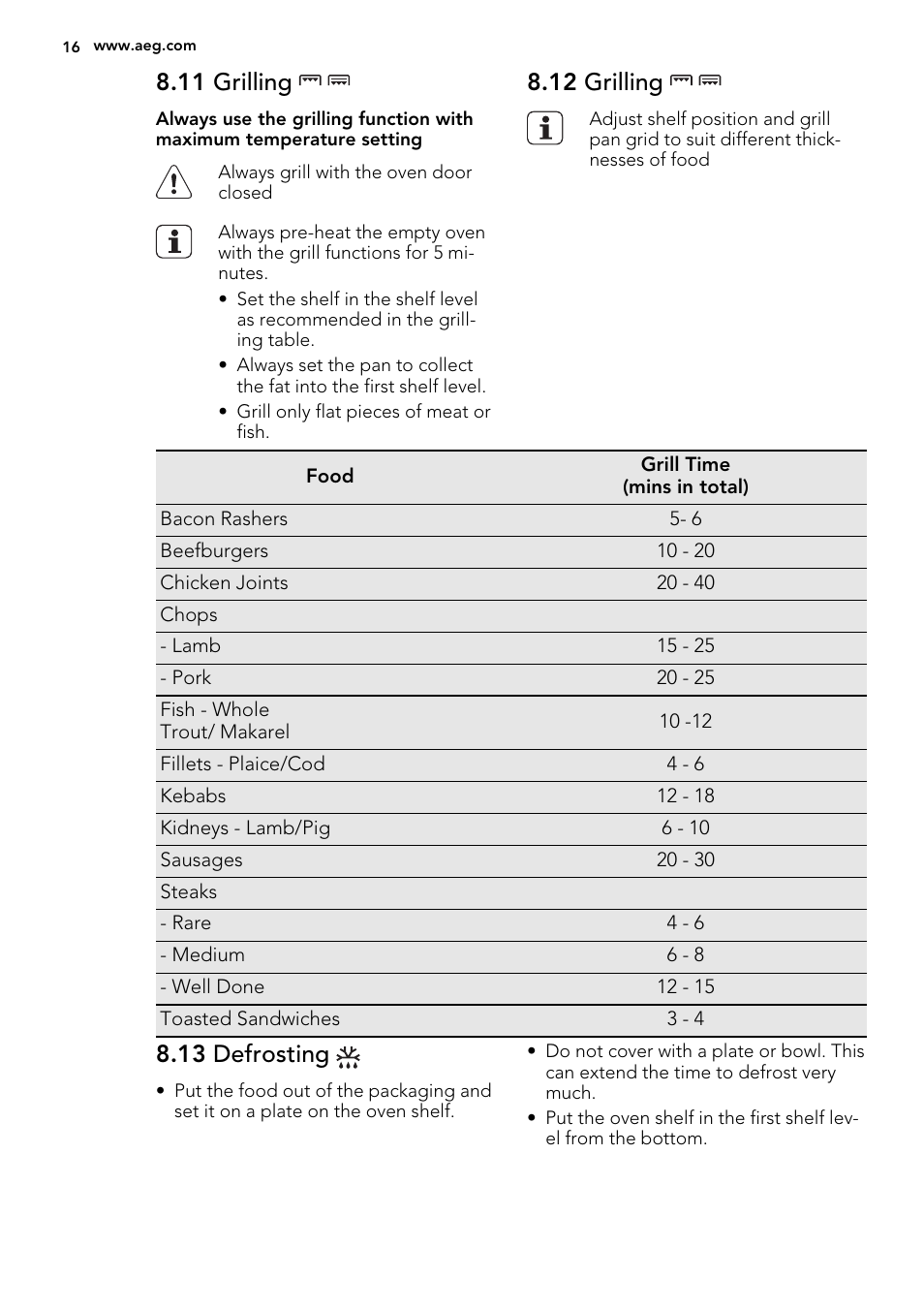 11 grilling, 12 grilling, 13 defrosting | AEG DC4003000M User Manual | Page 16 / 28