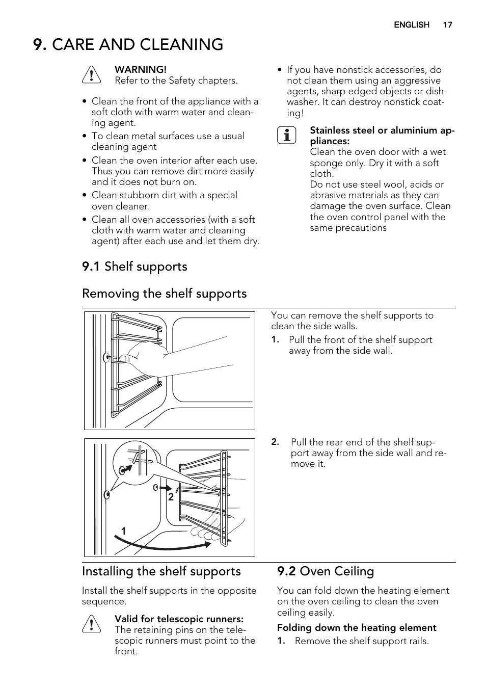 Care and cleaning, 1 shelf supports removing the shelf supports, Installing the shelf supports | 2 oven ceiling | AEG DC4003000M User Manual | Page 17 / 28