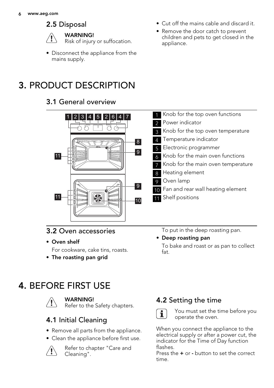 Product description, Before first use, 5 disposal | 1 general overview, 2 oven accessories, 1 initial cleaning, 2 setting the time | AEG DC4003000M User Manual | Page 6 / 28