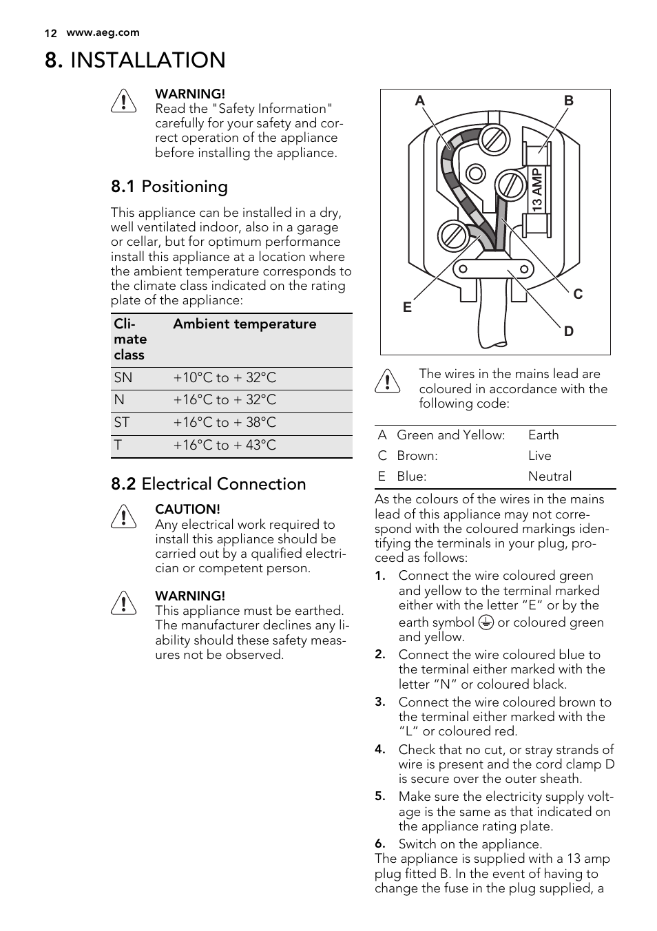 Installation, 1 positioning, 2 electrical connection | AEG SKS81240F0 User Manual | Page 12 / 16