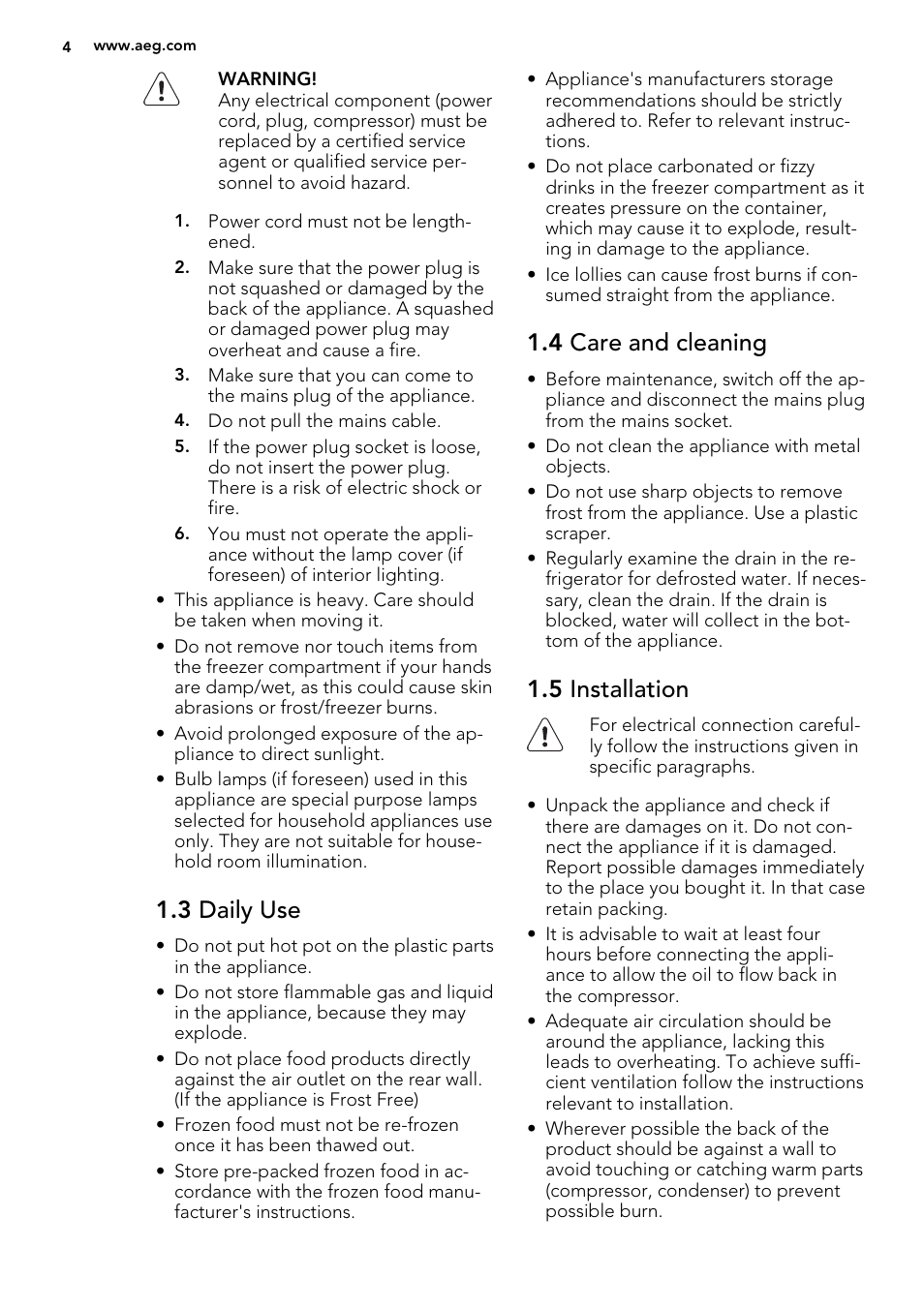 3 daily use, 4 care and cleaning, 5 installation | AEG SKS81240F0 User Manual | Page 4 / 16