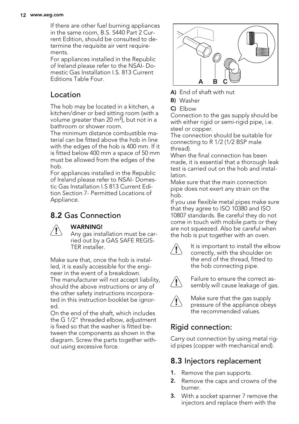 Location, 2 gas connection, Rigid connection | 3 injectors replacement | AEG HG755440SM User Manual | Page 12 / 20