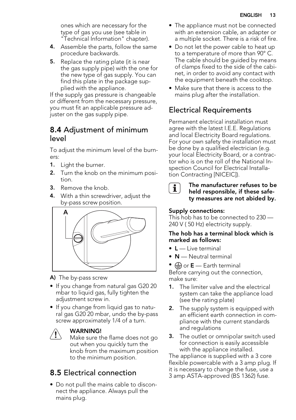 4 adjustment of minimum level, 5 electrical connection, Electrical requirements | AEG HG755440SM User Manual | Page 13 / 20