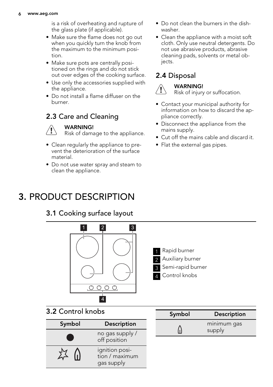 Product description, 3 care and cleaning, 4 disposal | 1 cooking surface layout, 2 control knobs | AEG HG755440SM User Manual | Page 6 / 20