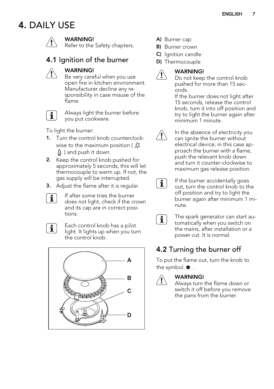Daily use, 1 ignition of the burner, 2 turning the burner off | AEG HG755440SM User Manual | Page 7 / 20