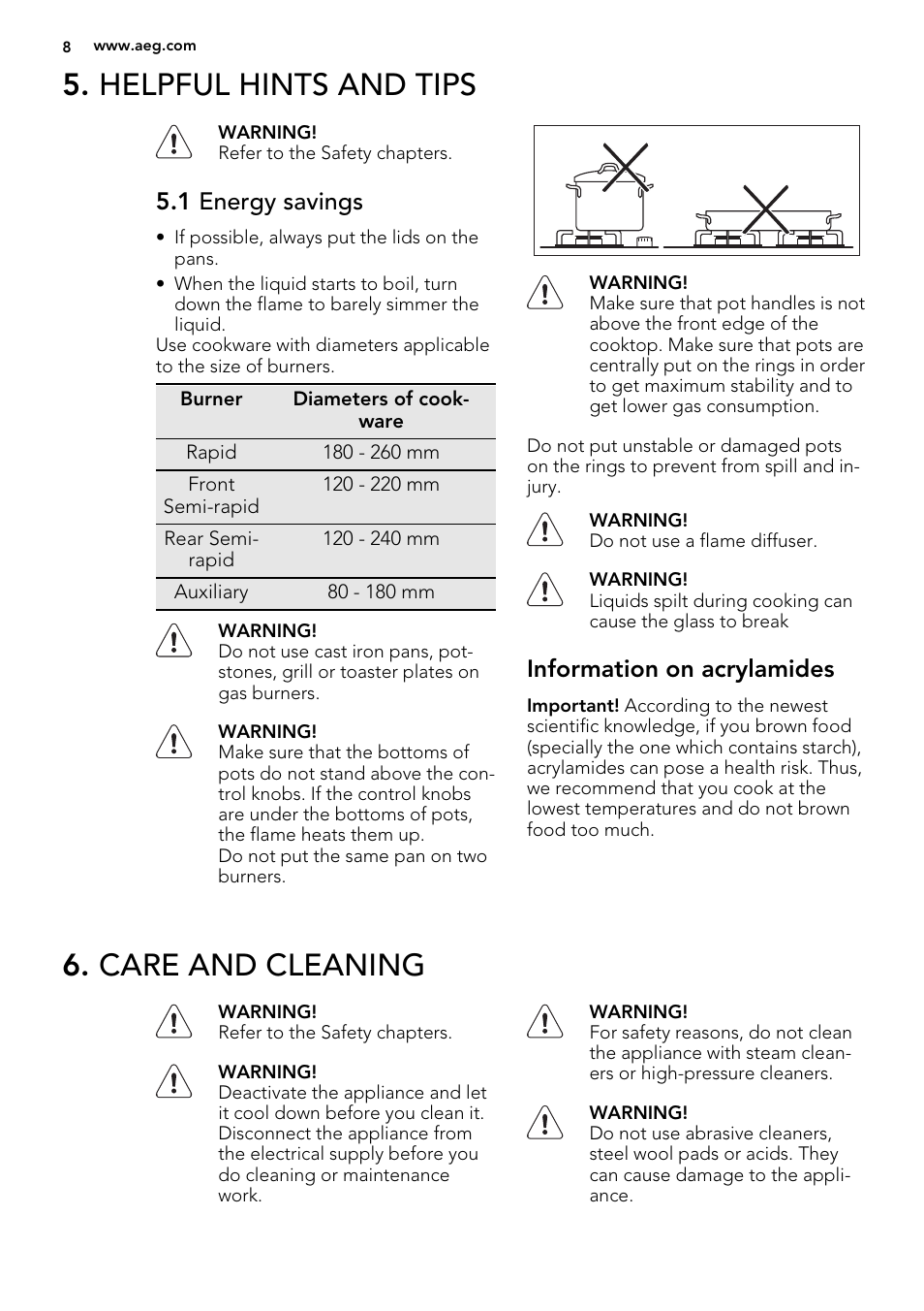 Helpful hints and tips, Care and cleaning, 1 energy savings | Information on acrylamides | AEG HG755440SM User Manual | Page 8 / 20