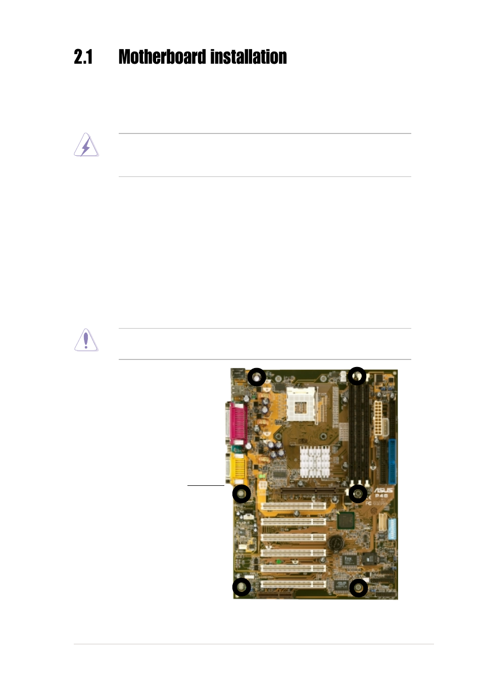 1 motherboard installation, 1 placement direction, 2 screw holes | Asus P4B User Manual | Page 23 / 128