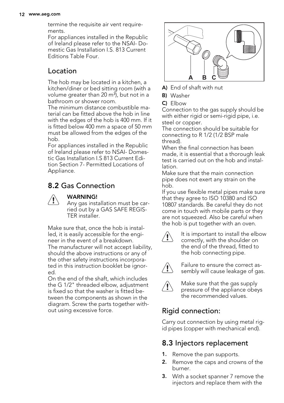 Location, 2 gas connection, Rigid connection | 3 injectors replacement | AEG HG654320UM User Manual | Page 12 / 20