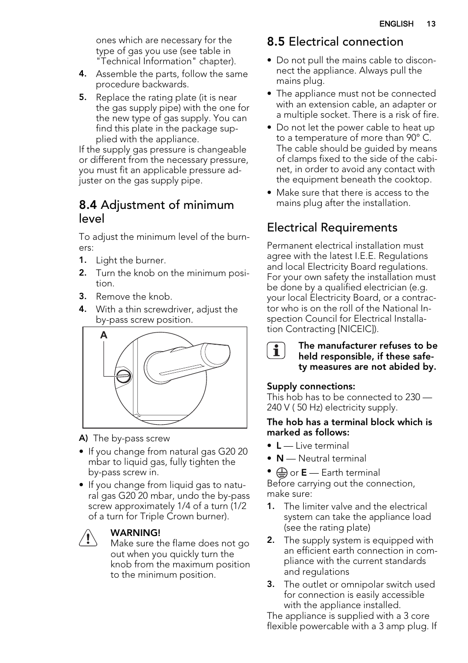 4 adjustment of minimum level, 5 electrical connection, Electrical requirements | AEG HG654320UM User Manual | Page 13 / 20