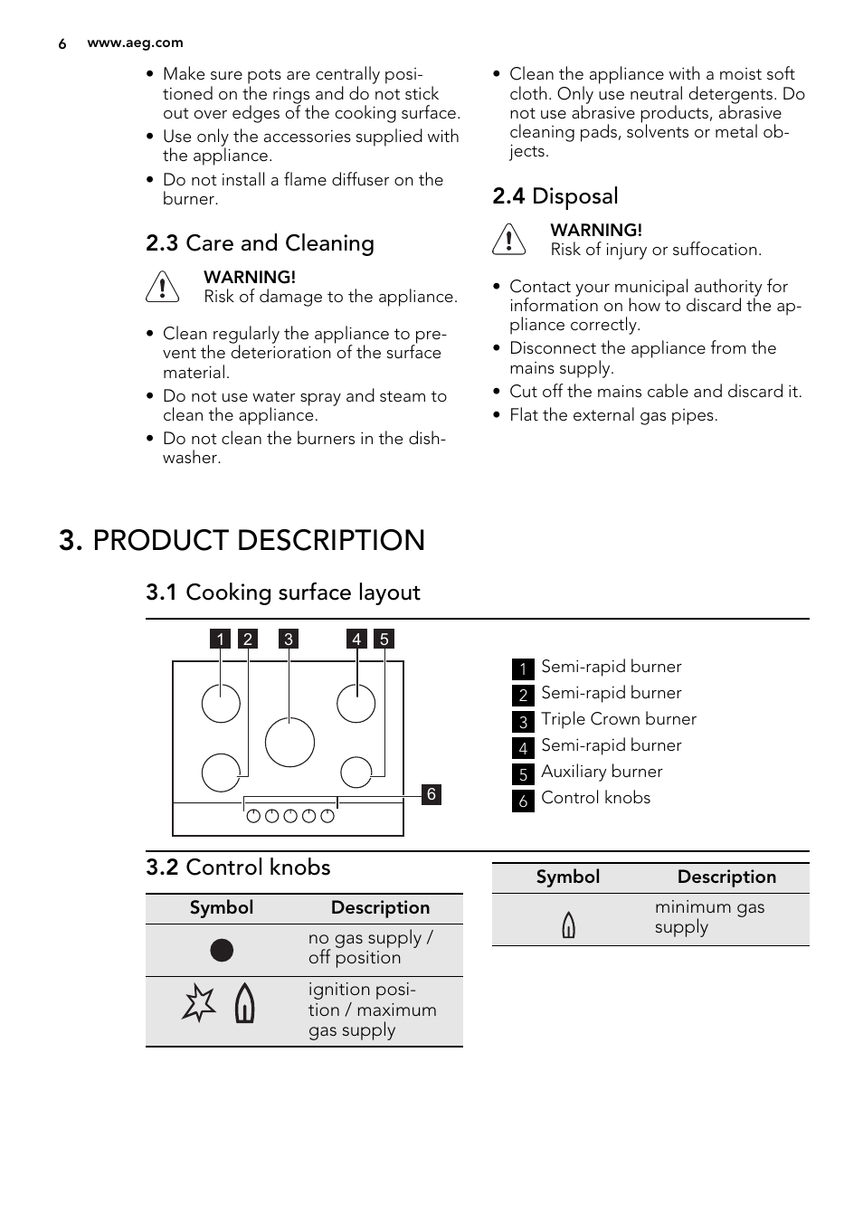 Product description, 3 care and cleaning, 4 disposal | 1 cooking surface layout, 2 control knobs | AEG HG654320UM User Manual | Page 6 / 20