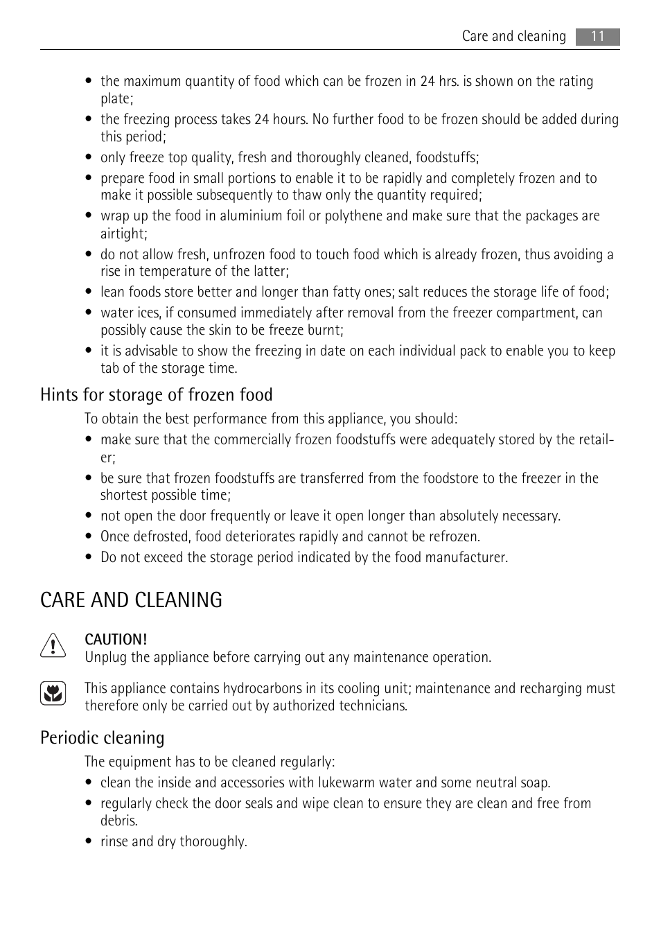 Care and cleaning, Hints for storage of frozen food, Periodic cleaning | AEG SCZ71800F0 User Manual | Page 11 / 28