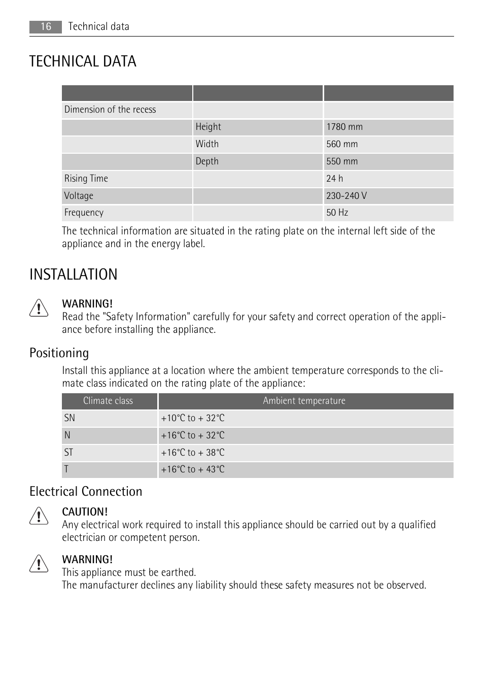 Technical data, Installation, Positioning | Electrical connection | AEG SCZ71800F0 User Manual | Page 16 / 28
