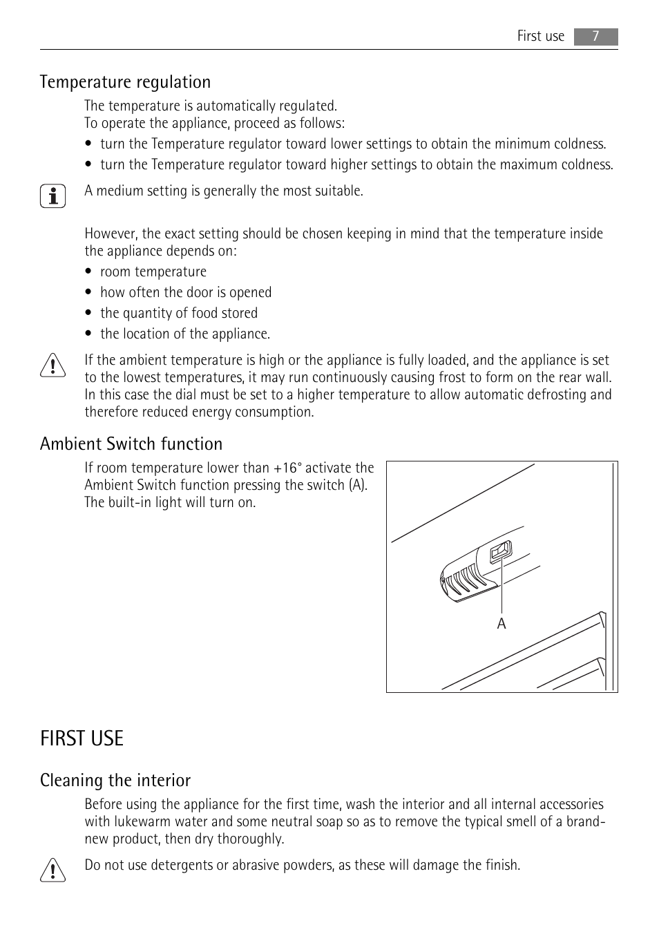 First use, Temperature regulation, Ambient switch function | Cleaning the interior | AEG SCZ71800F0 User Manual | Page 7 / 28