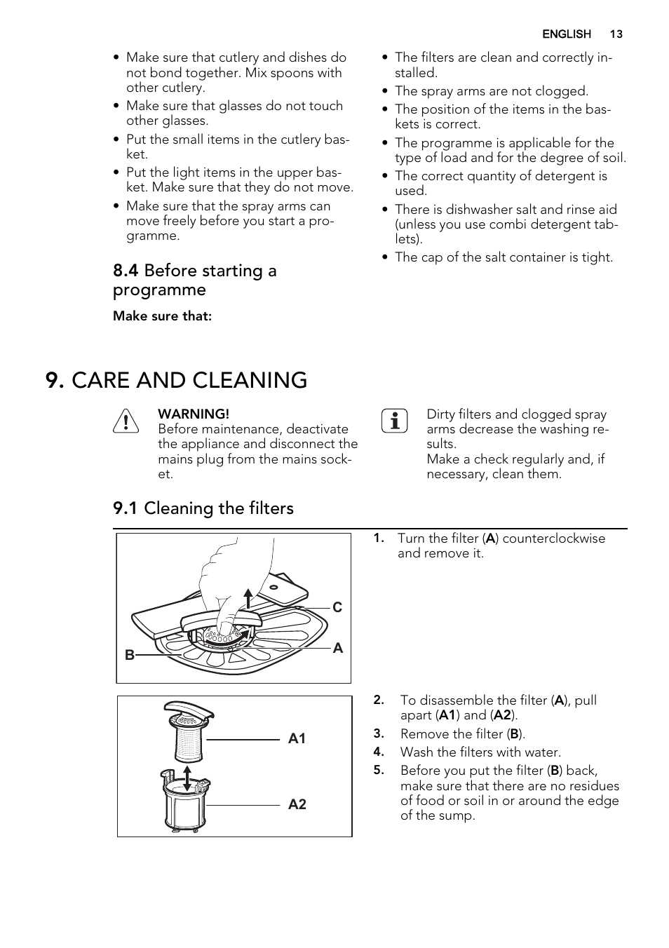 Care and cleaning, 4 before starting a programme, 1 cleaning the filters | AEG F88060VI0P User Manual | Page 13 / 20