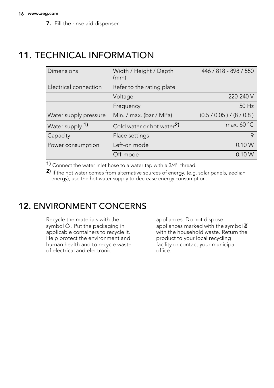 Technical information, Environment concerns | AEG F88060VI0P User Manual | Page 16 / 20