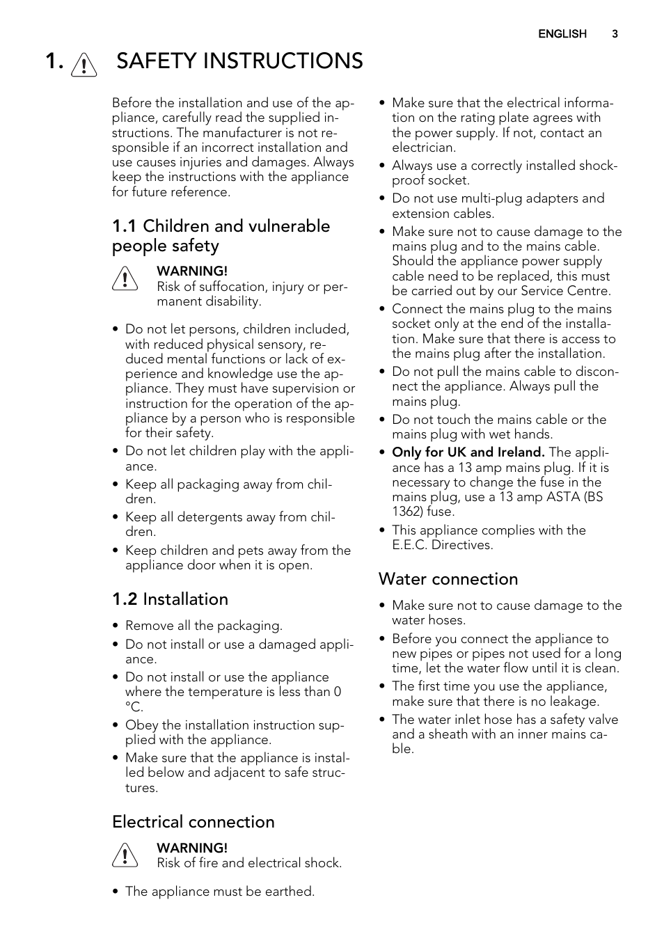 Safety instructions, 1 children and vulnerable people safety, 2 installation | Electrical connection, Water connection | AEG F88060VI0P User Manual | Page 3 / 20