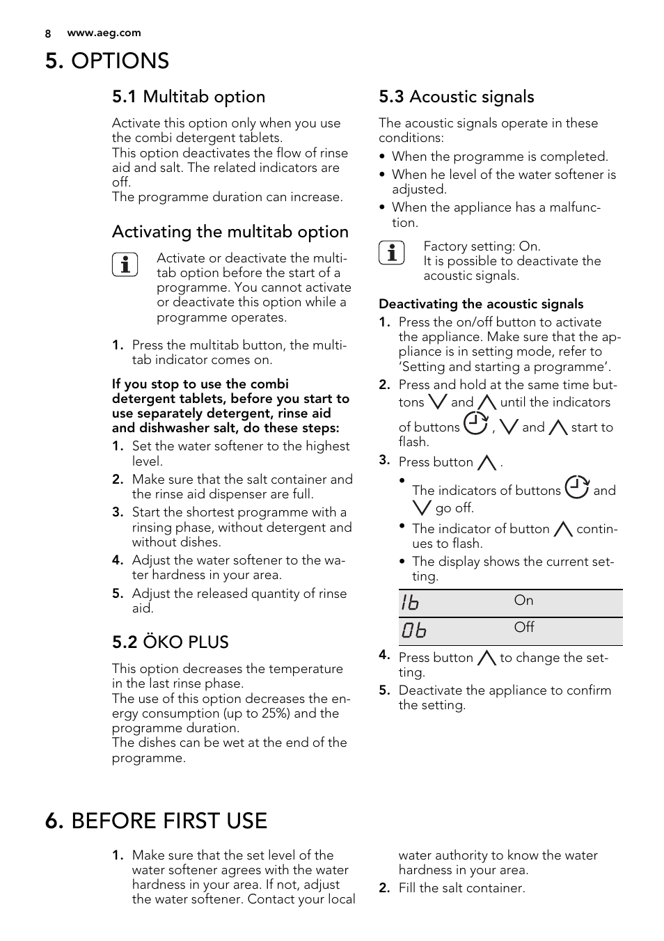 Options, Before first use, 1 multitab option | Activating the multitab option, 2 öko plus, 3 acoustic signals | AEG F88060VI0P User Manual | Page 8 / 20