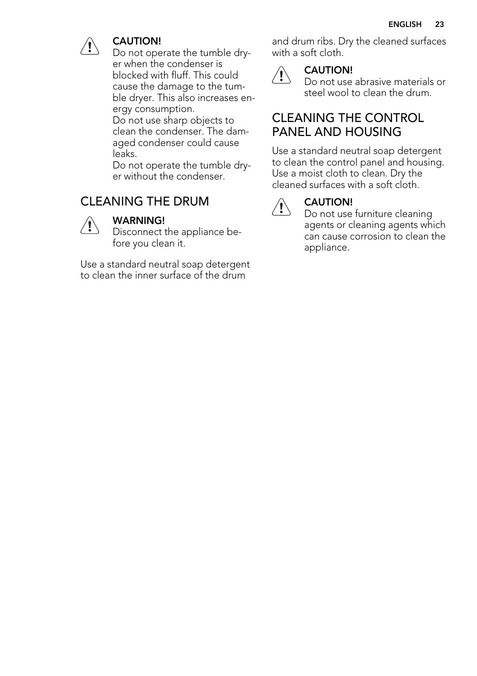 Cleaning the drum, Cleaning the control panel and housing | AEG T86580IH User Manual | Page 23 / 32