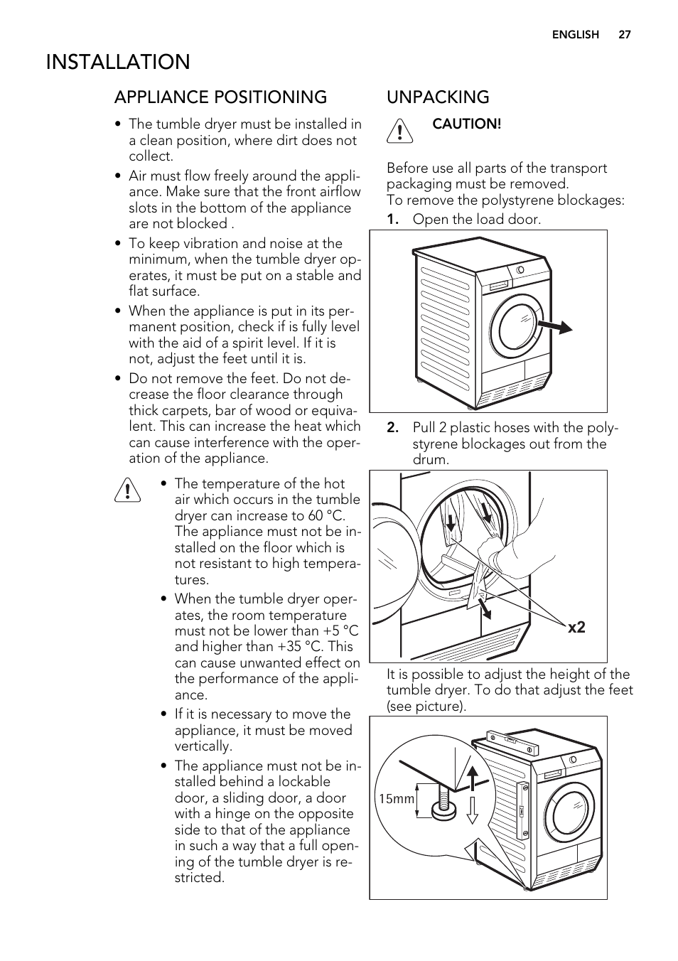 Installation, Appliance positioning, Unpacking | AEG T86580IH User Manual | Page 27 / 32