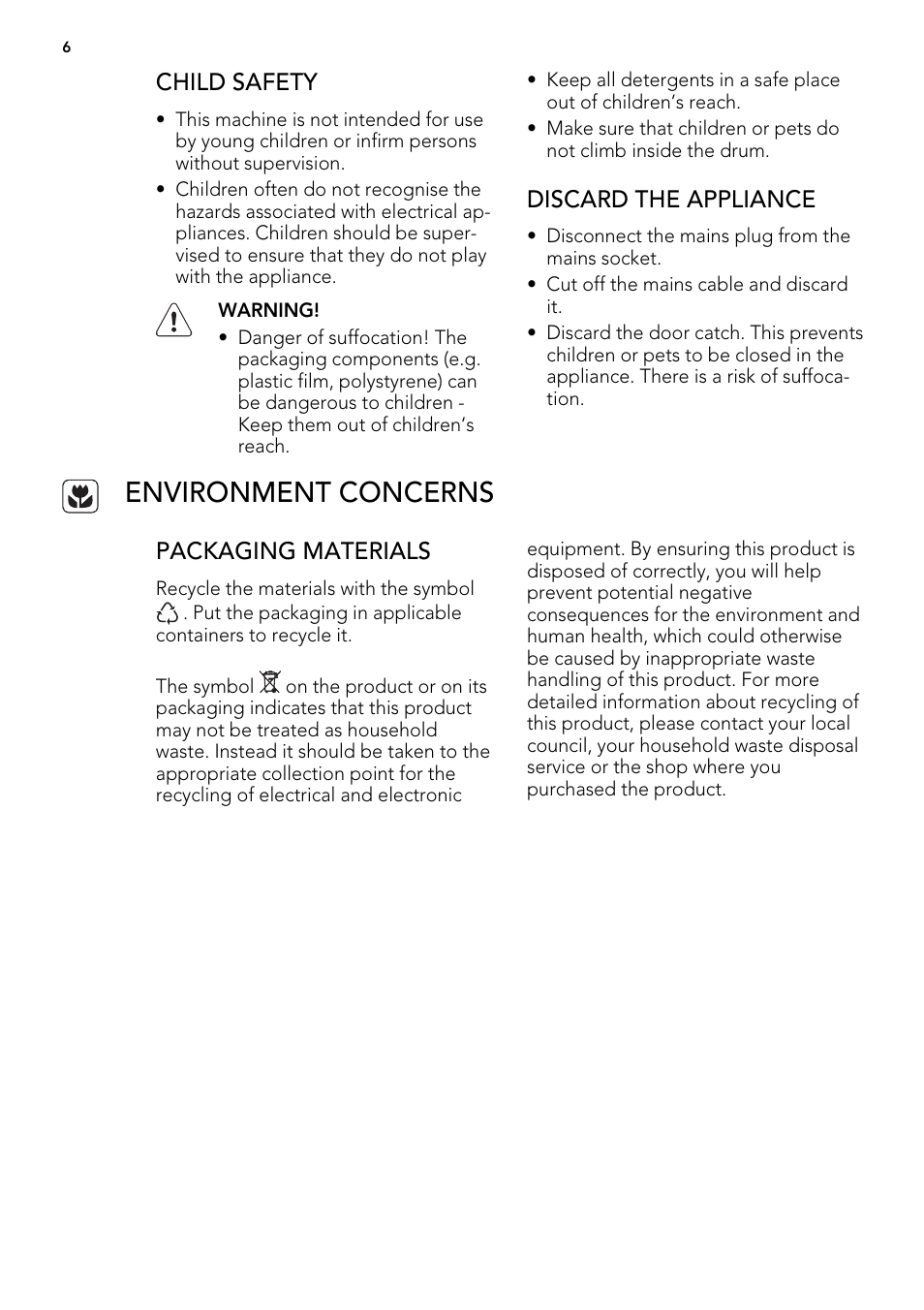 Environment concerns | AEG T86580IH User Manual | Page 6 / 32