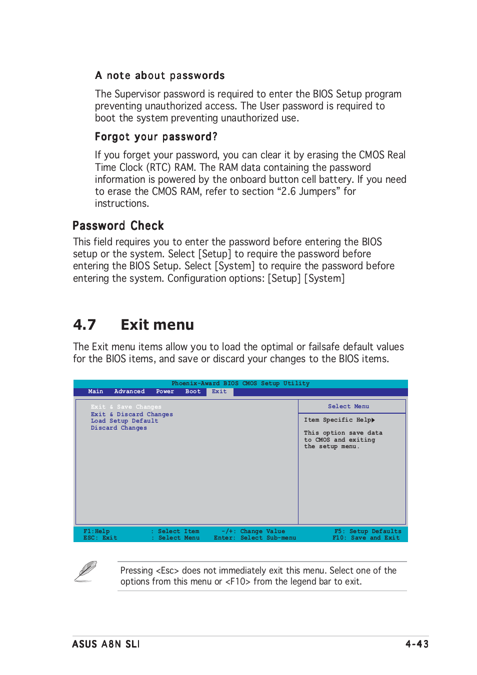 7 exit menu, Password check | Asus A8N-SLI User Manual | Page 103 / 152