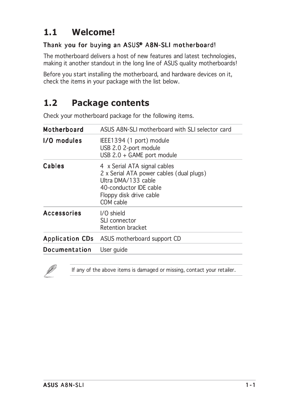 1 welcome, 2 package contents | Asus A8N-SLI User Manual | Page 17 / 152