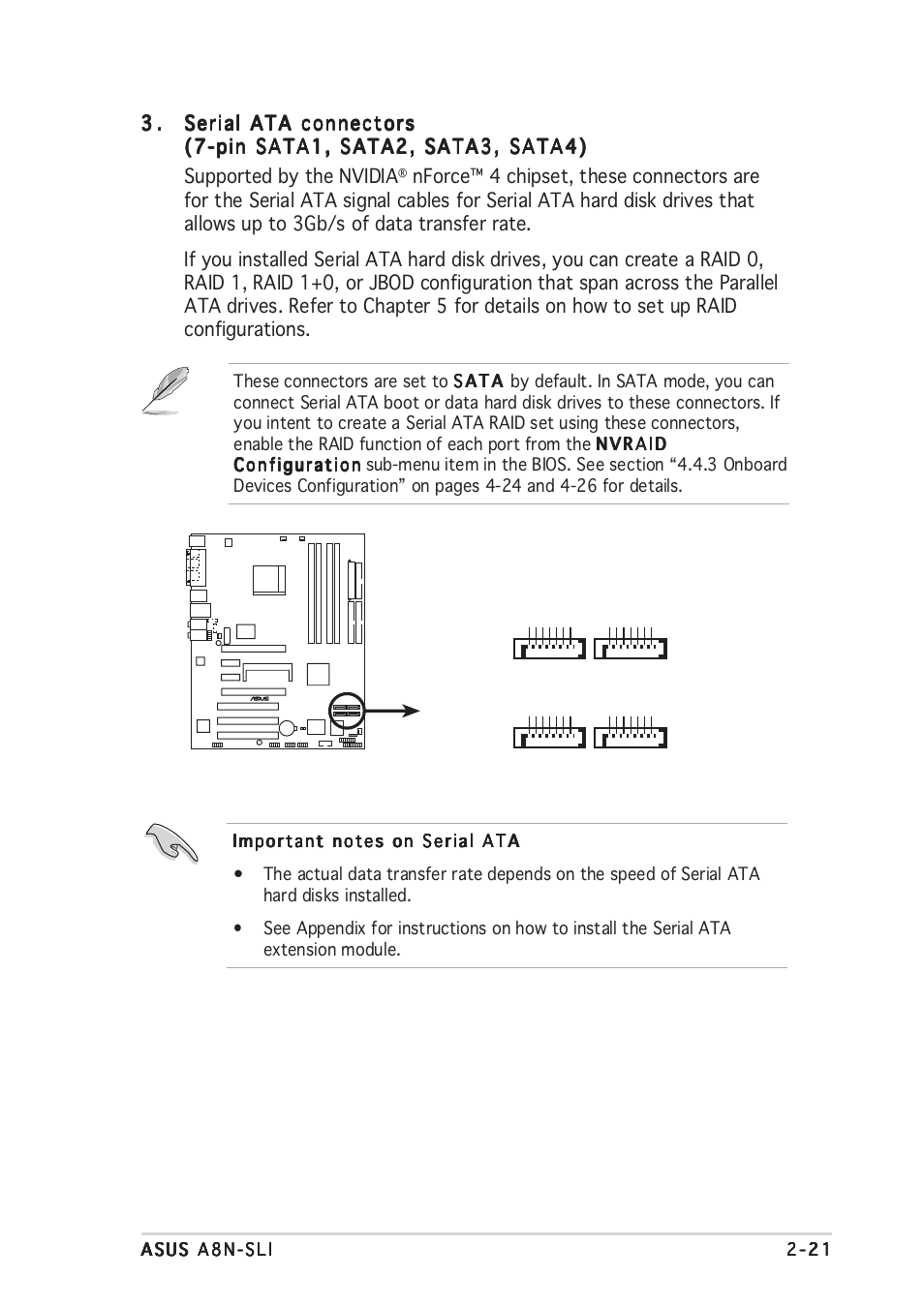 A8n-sli sata connectors sata1 sata2, Sata3 sata4 | Asus A8N-SLI User Manual | Page 47 / 152