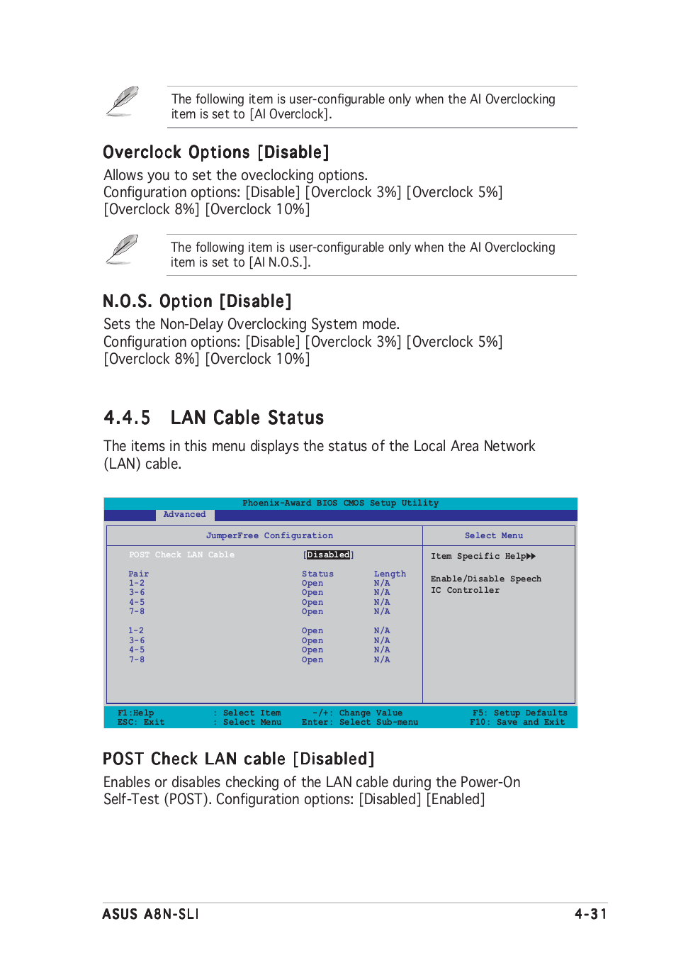 N.o.s. option [disable, Overclock options [disable, Post check lan cable [disabled | Asus A8N-SLI User Manual | Page 91 / 152