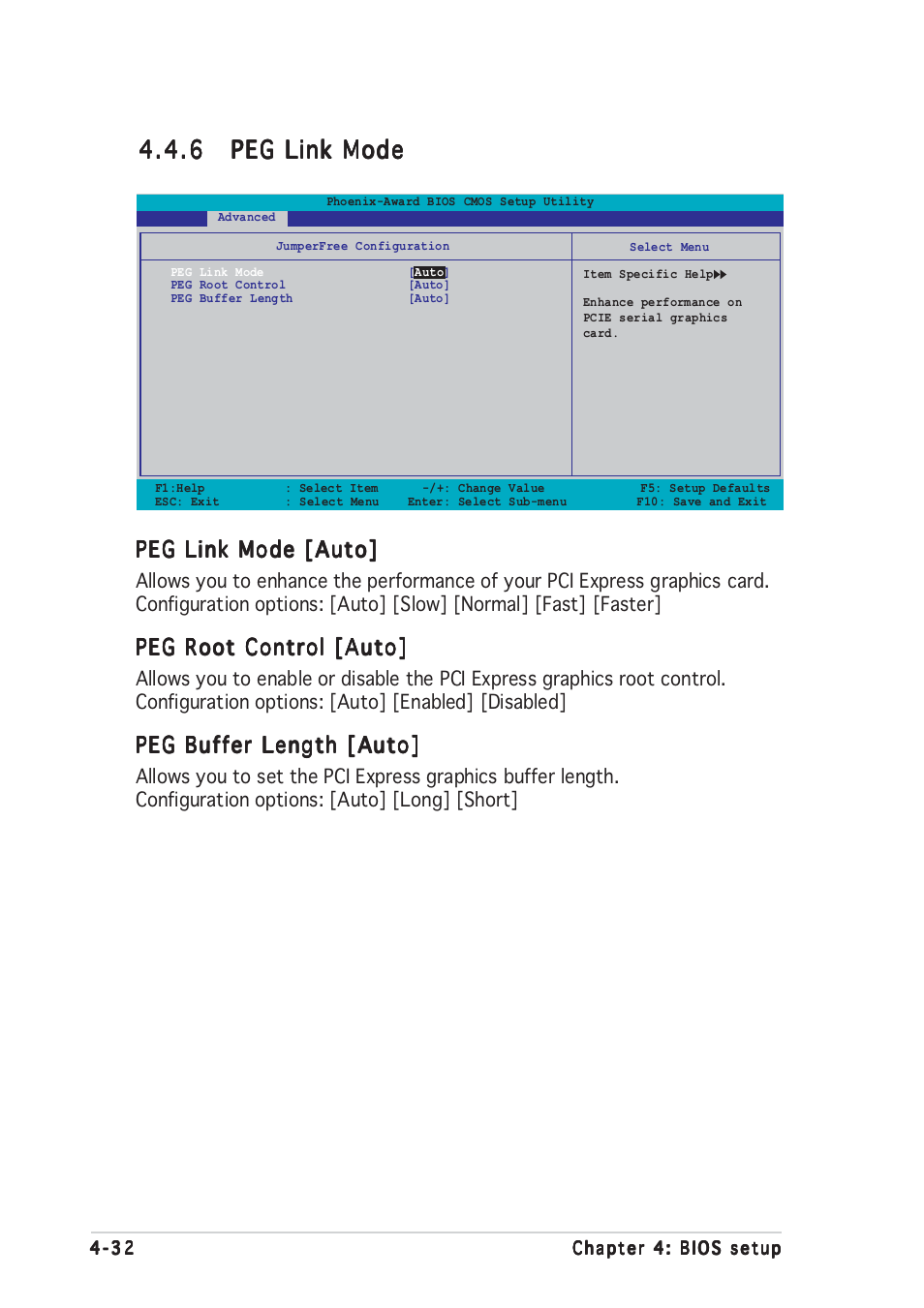 Peg link mode [auto, Peg root control [auto, Peg buffer length [auto | Asus A8N-SLI User Manual | Page 92 / 152