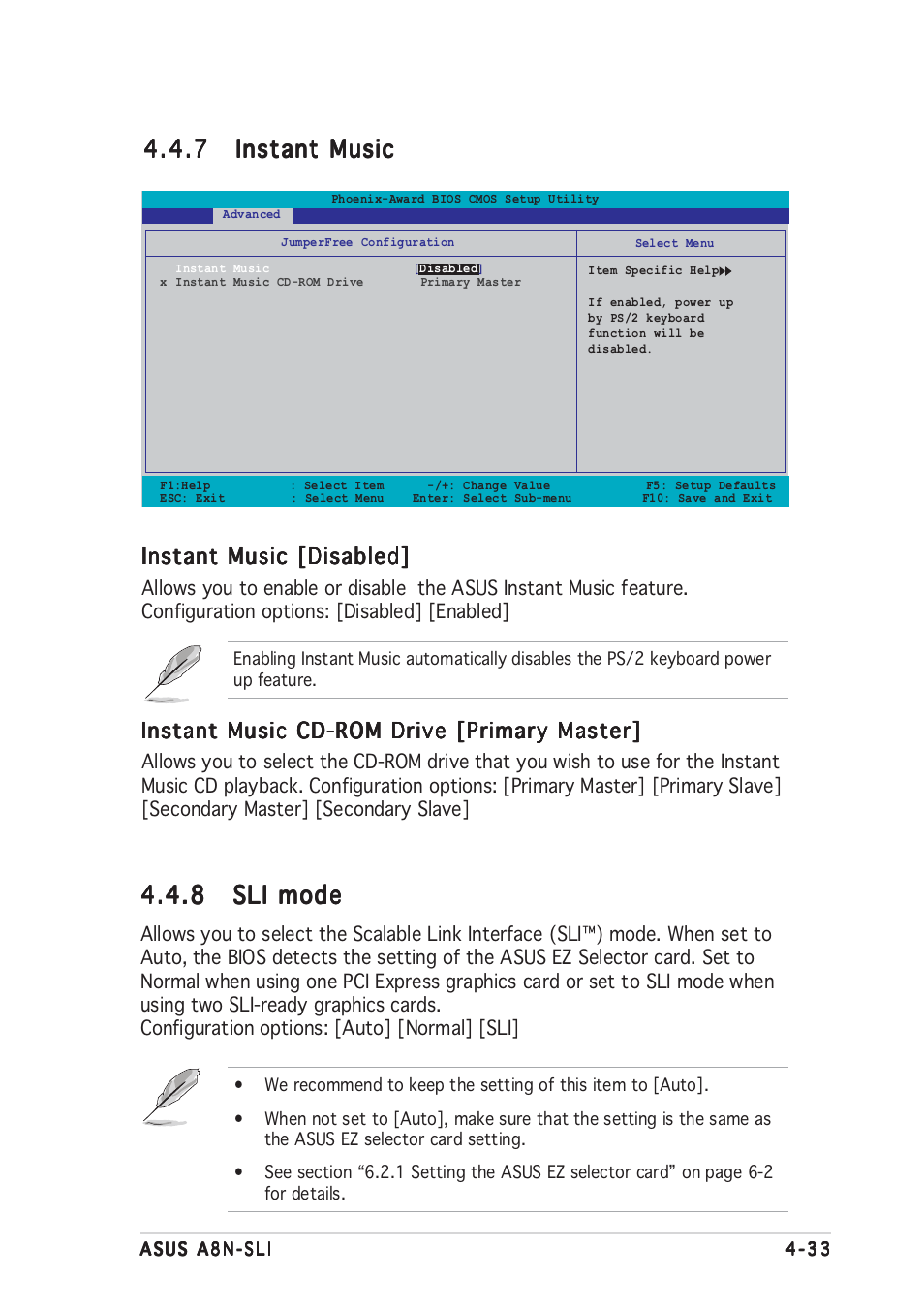 8 sli mode sli mode sli mode sli mode sli mode, Instant music [disabled, Instant music cd-rom drive [primary master | Asus A8N-SLI User Manual | Page 93 / 152