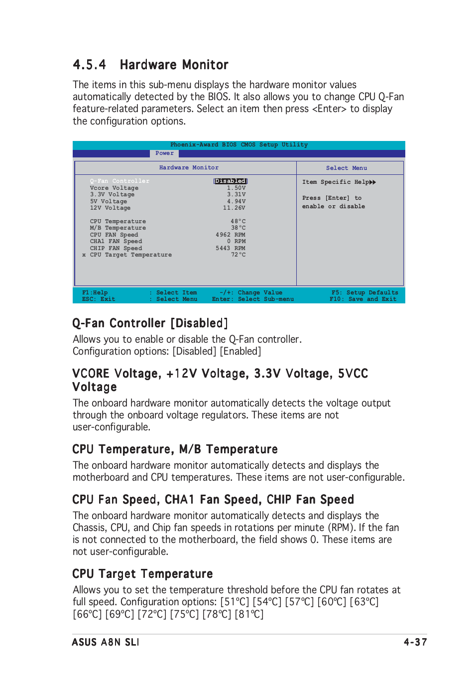 Q-fan controller [disabled, Cpu temperature, m/b temperature, Cpu fan speed, cha1 fan speed, chip fan speed | Cpu target temperature | Asus A8N-SLI User Manual | Page 97 / 152