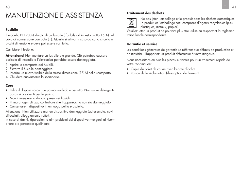 Manutenzione e assistenza | AEG Double Plug Socket DH 200 User Manual | Page 21 / 32