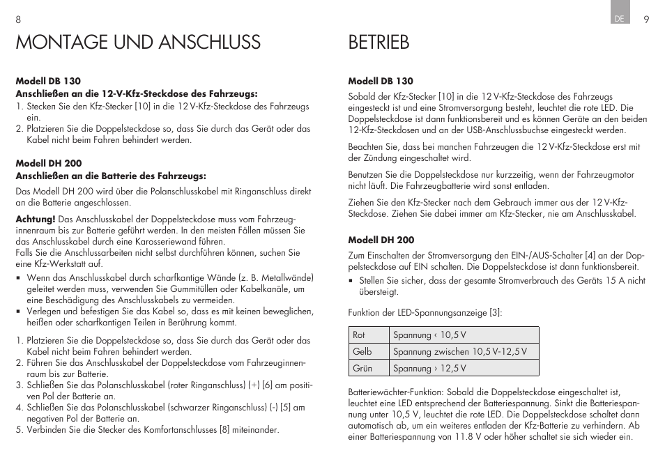 Montage und anschluss, Betrieb | AEG Double Plug Socket DH 200 User Manual | Page 5 / 32