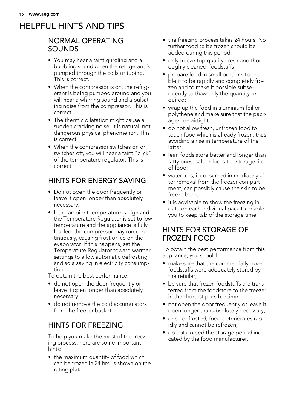 Helpful hints and tips, Normal operating sounds, Hints for energy saving | Hints for freezing, Hints for storage of frozen food | AEG A72010GNX0 User Manual | Page 12 / 24