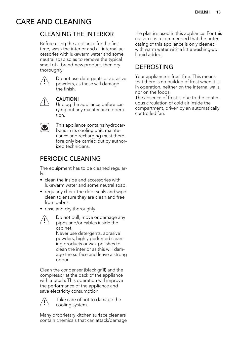 Care and cleaning, Cleaning the interior, Periodic cleaning | Defrosting | AEG A72010GNX0 User Manual | Page 13 / 24