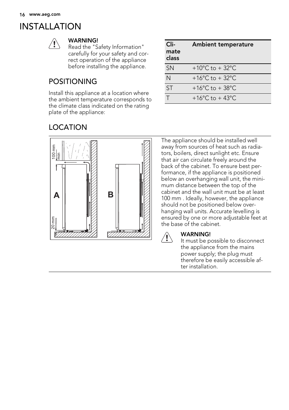 Installation, Positioning, Location | AEG A72010GNX0 User Manual | Page 16 / 24