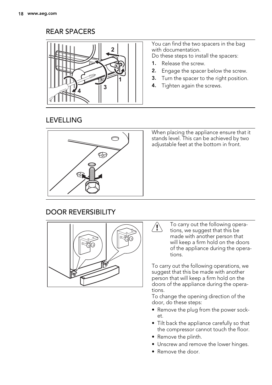 Rear spacers, Levelling, Door reversibility | AEG A72010GNX0 User Manual | Page 18 / 24