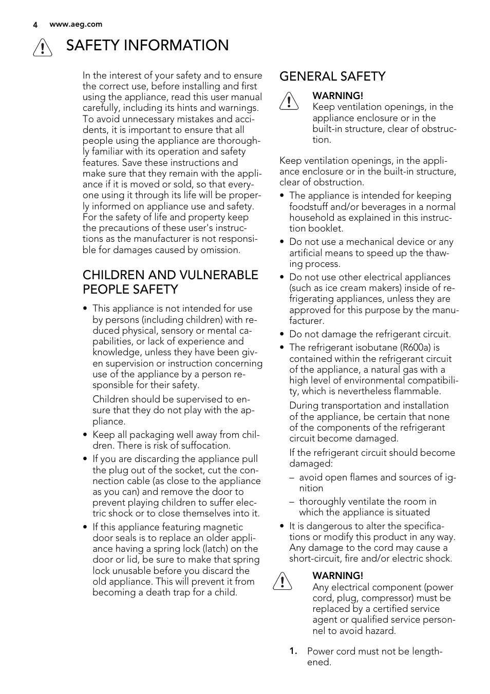 Safety information, Children and vulnerable people safety, General safety | AEG A72010GNX0 User Manual | Page 4 / 24